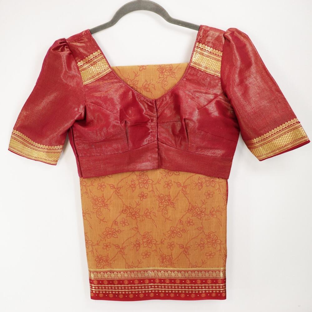 Vintage Indian Silk Saree Choli Dress Top Set Burgundy Gold Floral Sari Medallio